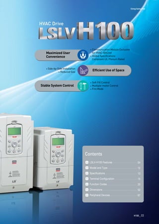 H100 _ 03
HVAC Drive
Maximized User
Convenience
Stable System Control
Communication Module Exclusive
for HVAC-BACnet
Global Specifications
Compliant-UL Plenum Rated
Soft Fill Control
Multiple-motor Control
Fire Mode
Side-by-Side Installation
Reduced Size
Efficient Use of Space
EnergySavingDrive
Contents
 