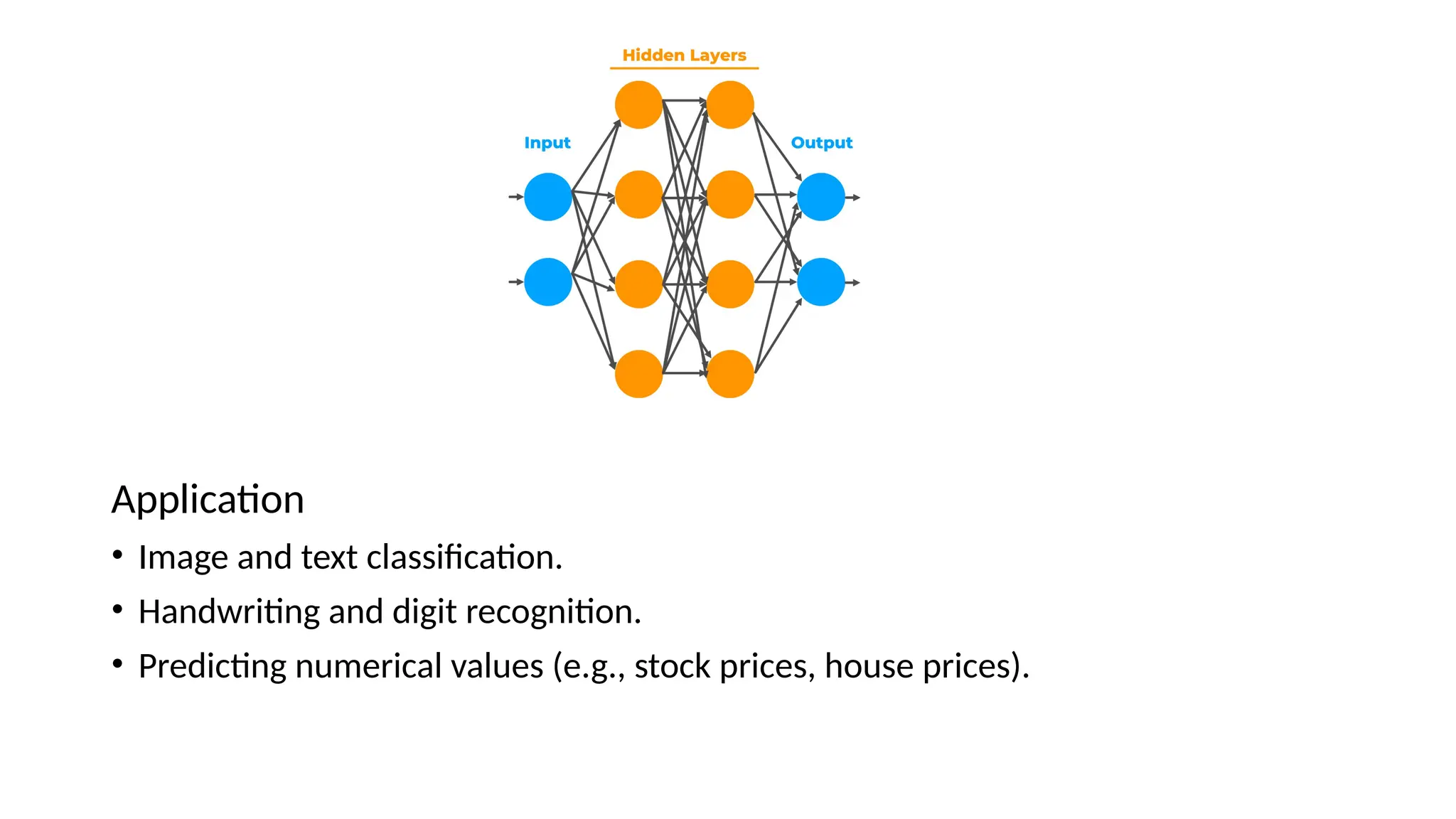 Application
• Image and text classification.
• Handwriting and digit recognition.
• Predicting numerical values (e.g., stock prices, house prices).
 