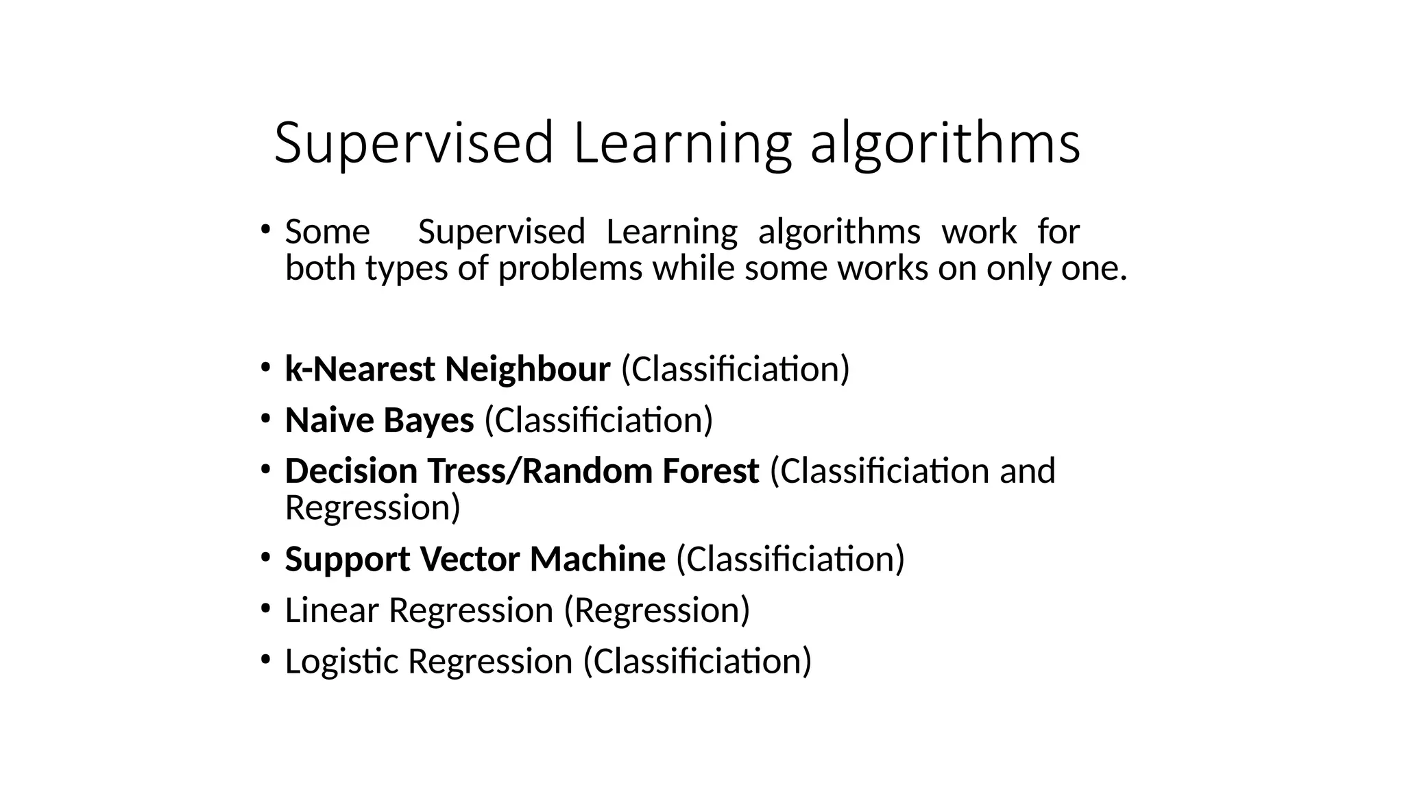 Supervised Learning algorithms
• Some Supervised Learning algorithms work for
both types of problems while some works on only one.
• k-Nearest Neighbour (Classificiation)
• Naive Bayes (Classificiation)
• Decision Tress/Random Forest (Classificiation and
Regression)
• Support Vector Machine (Classificiation)
• Linear Regression (Regression)
• Logistic Regression (Classificiation)
 