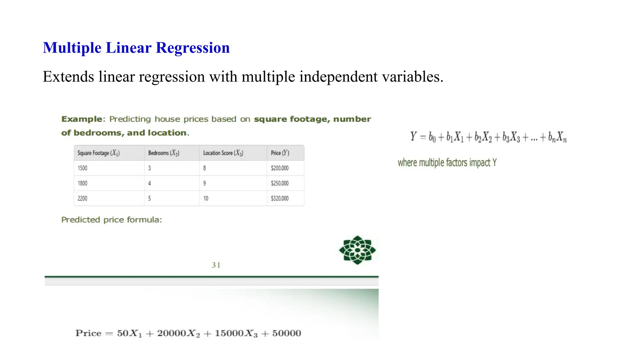 Multiple Linear Regression
Extends linear regression with multiple independent variables.
 