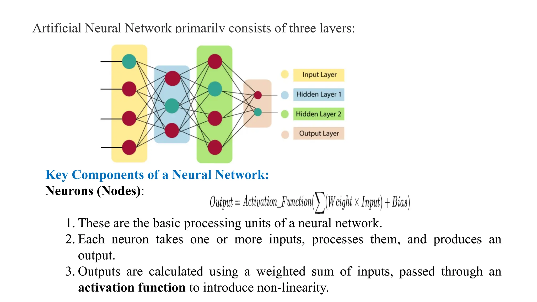 Artificial Neural Network primarily consists of three layers:
Key Components of a Neural Network:
Neurons (Nodes):
1. These are the basic processing units of a neural network.
2. Each neuron takes one or more inputs, processes them, and produces an
output.
3. Outputs are calculated using a weighted sum of inputs, passed through an
activation function to introduce non-linearity.
 