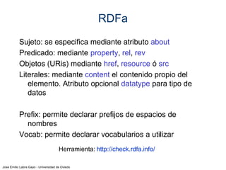 Jose Emilio Labra Gayo - Universidad de Oviedo
Herramientas RDFa
RDFa Play: http://rdfa.info/play/
Google Rich Snippets Tool:
http://www.google.com/webmasters/tools/richsnippets
RDFa Developer (Extensión de Firefox)
RDF-Translator: http://rdf-translator.appspot.com/
Sindice Inspector: http://sindice.com/developers/inspector
StructuredData.org http://linter.structured-data.org/
RDFa Live loop http://rdfa.digitalbazaar.com/live-loop/
 