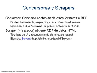 Jose Emilio Labra Gayo - Universidad de Oviedo
Esquema de aplicación semántica
Modelo de aplicación basada en RDF
Almacén RDF
(mezcla)
SPARQL
Páginas Web, hojas de cálculo,
Bases de datos, etc.
Conversores y
scrapers
Ficheros
RDF
RDF Parsers y
serializadores
Aplicación Usuario
Ficheros
RDF
Ficheros
RDF
 
