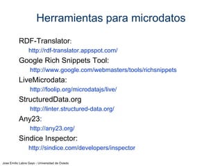 Jose Emilio Labra Gayo - Universidad de Oviedo
Otras herramientas
RDF-Translator:
http://rdf-translator.appspot.com/
Google Structured data Testing Tool:
http://www.google.com/webmasters/tools/richsnippets
LiveMicrodata:
http://foolip.org/microdatajs/live/
StructuredData.org
http://linter.structured-data.org/
Any23:
http://any23.org/
Sindice Inspector:
http://sindice.com/developers/inspector
 