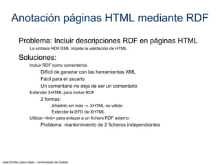 Jose Emilio Labra Gayo - Universidad de Oviedo
POSICIONAMIENTO
SEMÁNTICO
Hipótesis:
Cuanta más semántica tiene una página, más fácil de localizar
Objetivo:
Añadir semántica a las páginas Web
 