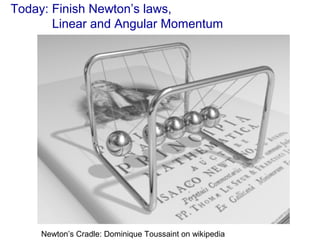 Today: Finish Newton’s laws,
Linear and Angular Momentum
Newton’s Cradle: Dominique Toussaint on wikipedia
 