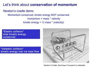 Let’s think about conservation of momentum
Newton’s cradle demo
Momentum conserved, kinetic energy NOT conserved.
momentum = mass * velocity
kinetic energy = ½ mass * (velocity)2
“Elastic collision”
total kinetic energy
conserved
“inelastic collision”
kinetic energy lost via heat flow
Newton’s Cradle: Dominique Toussaint on wikipedia
 