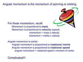 Angular momentum is the momentum of spinning or orbiting.
For linear momentum, recall:
Momentum is proportional to mass
Momentum is proportional to velocity (speed)
momentum = mass x velocity
momentum = inertia x velocity
Angular momentum is similar:
Angular momentum is proportional to rotational inertia
Angular momentum is proportional to rotational speed
angular momentum = rotational speed x moment of inertia
Complicated!!!
 