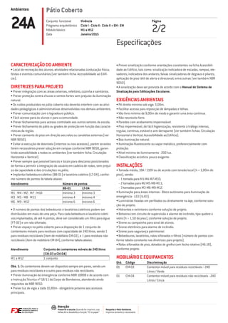 Ambientes
Respeite o Meio Ambiente.
Imprima somente o necessário
Atenção
Preserve a escala: Quando for imprimir, use
folhas A4 e desabilite a função “Fit to paper”
Pátio Coberto
Página
2/224A Vivência
Ciclo I - Ciclo II - Ciclo II + EM - EM
M1 a M12
Janeiro/2015
Conjunto funcional
Programa arquitetônico
Módulo básico
Data
Especiﬁcações
CARACTERIZAÇÃO DO AMBIENTE
• Local de recreação dos alunos; atividades relacionadas à educação física;
festas e eventos comunitários (ver também ﬁcha: Acessibilidade ao Edifí-
cio).
DIRETRIZES PARA PROJETO
• Prever integração com as áreas externas, refeitório, cozinha e sanitários.
• Prever proteção contra chuvas e ventos fortes sem prejuízo da iluminação
natural.
• Os ruídos produzidos no pátio coberto não deverão interferir com as ativi-
dades pedagógicas e administrativas desenvolvidas nos demais ambientes.
• Prever comunicação com o logradouro público.
• Fácil acesso para os alunos e para a comunidade.
• Prever fechamentos para acesso controlado aos outros setores da escola.
• Prever fechamento do pátio ou grades de proteção em função das caracte-
rísticas da região.
• Prever caimento do piso em direção aos ralos ou canaletas externas (ver
NBR 9050).
• Evitar a execução de desníveis (internos ou nos acessos), porém se estes
forem necessários prever solução em rampas conforme NBR 9050, garan-
tindo acessibilidade a todos os ambientes (ver também ﬁcha: Circulação
Horizontal e Vertical).
• Prever sempre que possível bancos e locais para descanso posicionados
de forma a permitir a integração do usuário em cadeira de rodas, sem prejuí-
zo da capacidade e das circulações no pátio.
• Implantar bebedouro coletivo (BB-01) e lavatório coletivo (LT-04), confor-
me número de pontos da tabela abaixo:
Atendimento Número de pontos
BB-01 LT-04
M1 - M4 - M2 - M7 - M10 mínimo 3 mínimo 3
M3 - M5 - M8 - M11 mínimo 4 mínimo 4
M6 - M9 - M12 mínimo 6 mínimo 6
• O número de pontos dos bebedouros e lavatórios coletivos podem ser
distribuídos em mais de uma peça. Para cada bebedouro e lavatório coleti-
vos implantados, de até 4 pontos, deve ser considerado um ﬁltro para água
(FT-02) e um ralo sifonado.
• Prever espaço no pátio coberto para a disposição de 1 conjunto de
contentores móveis para resíduos com capacidade de 240 litros, sendo 1
para resíduos recicláveis (item de mobiliário CM-03), e 1 para resíduos não
recicláveis (item de mobiliário CM-04), conforme tabela abaixo:
Atendimento Conjunto de contentores móveis de 240 litros
(CM-03 e CM-04)
M1 a M12 1 conjunto
Obs. 1: Os contentores devem ser dispostos sempre em pares, sendo um
para resíduos recicláveis e o outro para resíduos não recicláveis.
• Prever iluminação de emergência conforme NBR 10898 e de acordo com
a Instrução Técnica nº 18/11 do Corpo de Bombeiros, atendendo ainda
requisitos da NBR 9050.
• Prever luz de vigia a cada 10,80m - obrigatório próximo aos acessos
principais.
• Prever sinalização conforme orientações constantes na ﬁcha Acessibili-
dade ao Edifício, tais como: sinalização indicadora de escadas, rampas, ele-
vadores; indicadora dos andares; faixas sinalizadoras de degraus e pilares;
aplicação de piso tátil de alerta e direcional; entre outras (ver também NBR
9050).
• A sinalização deve ser prevista de acordo com o Manual do Sistema de
Sinalização para Ediﬁcações Escolares.
EXIGÊNCIAS AMBIENTAIS
• Pé direito mínimo sob viga: 3,00m.
• Facilitar acesso para reposição de lâmpadas e telhas.
• Vão livre mínimo de 9,00m de modo a garantir uma área contínua.
• Não necessita forro.
• Paredes com acabamento impermeável.
• Piso impermeável, de fácil higienização, resistente à tráfego intenso,
regular, contínuo, estável e anti derrapante (ver também ﬁchas: Circulação
Horizontal e Vertical; Acessibilidade ao Edifício).
• Boa iluminação natural.
• Iluminação ﬂuorescente ou vapor metálico, preferencialmente com
proteção.
• Nível mínimo de iluminamento : 200 lux.
• Classiﬁcação acústica: pouco exigente.
INSTALAÇÕES
• Tomada média, 10A / 110V ou de acordo com tensão local (h = 1,00m do
piso), sendo:
- 1 tomada para M1-M4-M7-M10;
- 2 tomadas para M2-M5-M8-M11;
- 3 tomadas para M3-M6-M9-M12.
• Iluminação para áreas internas - Bloco autônomo para iluminação de
emergência - LED (IL-83).
• Luminárias ﬁxadas em perﬁlados ou diretamente na laje, conforme solu-
ção de projeto.
• Hidrantes e extintores conforme solução de projeto.
• Botoeira com circuito de supervisão e alarme de incêndio, tipo quebre o
vidro (h = 1,50 do piso), conforme solução de projeto.
• Sirene ou campainha para sinal de alunos.
• Sirene eletrônica para alarme de incêndio.
• Sirene para segurança patrimonial.
• Bebedouros, lavatórios, ralos sifonados e ﬁltros (número de pontos con-
forme tabela constante nas diretrizes para projeto).
• Ralos sifonados de piso, dotados de grelha com fecho rotativo (H6.18),
conforme projeto.
MOBILIÁRIO E EQUIPAMENTOS
Qtd. Código Discriminação
01 CM-03 Contentor móvel para resíduos recicláveis - 240
Litros / Verde
01 CM-04 Contentor móvel para resíduos não recicláveis - 240
Litros / Cinza
 