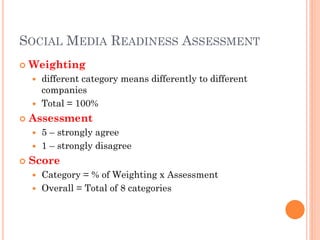 SOCIAL MEDIA READINESS ASSESSMENT
   Weighting
       different category means differently to different
        companies
       Total = 100%
   Assessment
       5 – strongly agree
       1 – strongly disagree
   Score
     Category = % of Weighting x Assessment
     Overall = Total of 8 categories
 