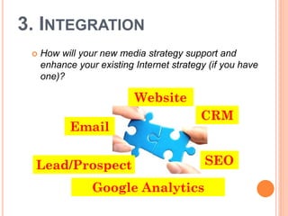 3. INTEGRATION
    How will your new media strategy support and
     enhance your existing Internet strategy (if you have...