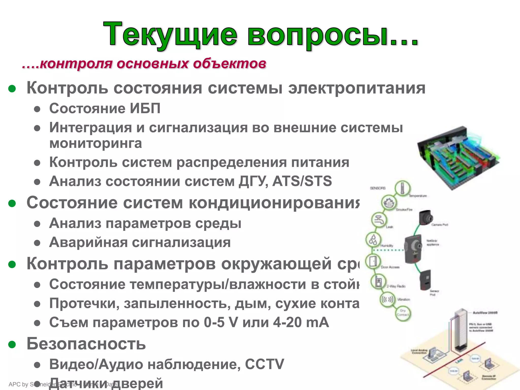 ….контроля основных объектов
● Контроль состояния системы электропитания
   ● Состояние ИБП
   ● Интеграция и сигнализация во внешние системы
     мониторинга
   ● Контроль систем распределения питания
   ● Анализ состоянии систем ДГУ, ATS/STS
● Состояние систем кондиционирования:
   ● Анализ параметров среды
   ● Аварийная сигнализация
● Контроль параметров окружающей среды:
   ● Состояние температуры/влажности в стойки
   ● Протечки, запыленность, дым, сухие контакты, реле
   ● Съем параметров по 0-5 V или 4-20 mA
● Безопасность
        ● Видео/Аудио наблюдение, ССTV
        ● Датчики дверей
APC by Schneider Electric – Name – Date
 