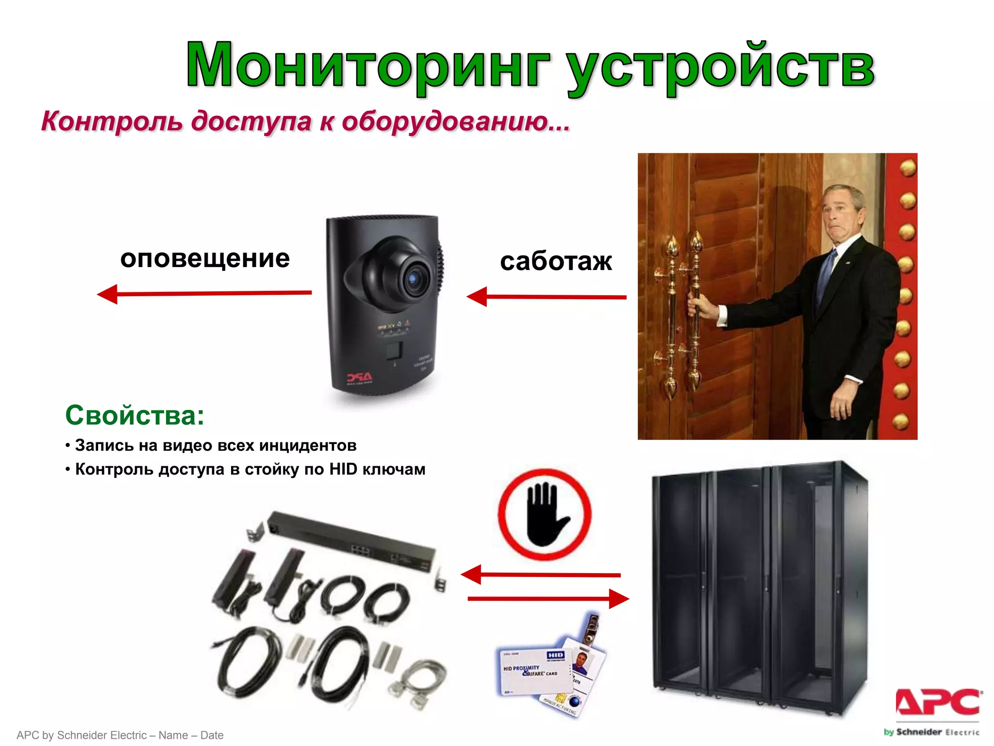Контроль доступа к оборудованию...



                   оповещение                        саботаж




         Свойства:
         • Запись на видео всех инцидентов
         • Контроль доступа в стойку по HID ключам




APC by Schneider Electric – Name – Date
 