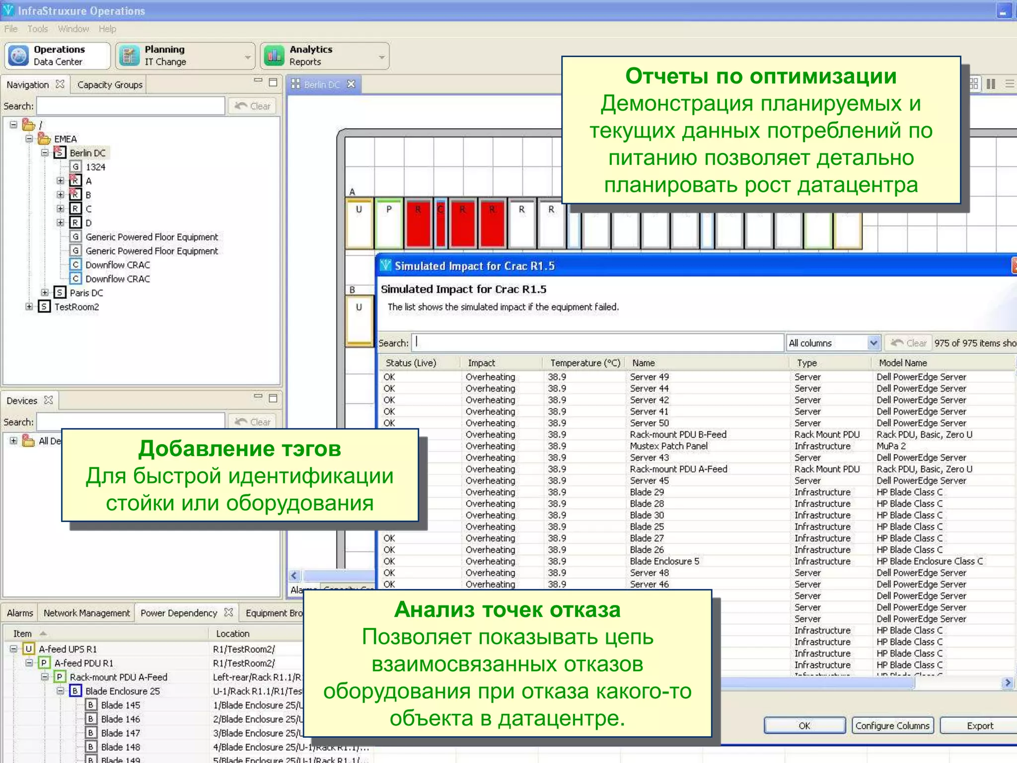 Отчеты по оптимизации
                                                                  Демонстрация планируемых и
                                                                 текущих данных потреблений по
                                                                   питанию позволяет детально
                                                                  планировать рост датацентра




                Добавление тэгов
            Для быстрой идентификации
             стойки или оборудования



                                                Анализ точек отказа
                                             Позволяет показывать цепь
                                              взаимосвязанных отказов
                                          оборудования при отказа какого-то
                                                объекта в датацентре.
APC by Schneider Electric – Name – Date
 