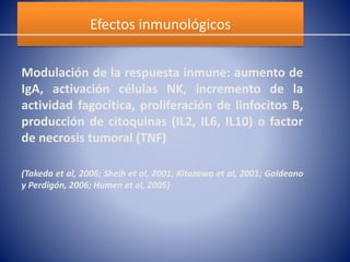 Efectos inmunológicos 
Modulación de la respuesta inmune: aumento de 
IgA, activación células NK, incremento de la 
actividad fagocítica, proliferación de linfocitos B, 
producción de citoquinas (IL2, IL6, IL10) o factor 
de necrosis tumoral (TNF) 
(Takeda et al, 2006; Sheih et al, 2001; Kitazawa et al, 2001; Galdeano 
y Perdigón, 2006; Humen et al, 2005) 
 
