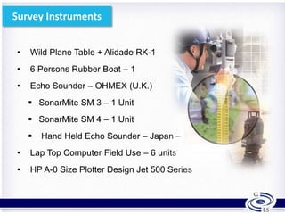 • Wild Plane Table + Alidade RK-1
• 6 Persons Rubber Boat – 1
• Echo Sounder – OHMEX (U.K.)
 SonarMite SM 3 – 1 Unit
 SonarMite SM 4 – 1 Unit
 Hand Held Echo Sounder – Japan – 1 Unit
• Lap Top Computer Field Use – 6 units
• HP A-0 Size Plotter Design Jet 500 Series
21
Survey Instruments
 