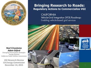 Noel Crisostomo
Adam Orford
Emerging Procurement Strategies
Energy Division
California Public Utilities Commission
VGI Research Review
CA Energy Commission
December 14, 2015 1
Bringing Research to Roads:
Regulatory Actions to Commercialize VGI
 