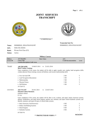 Page of1
04/26/2015
** PROTECTED BY FERPA **
4
DERBIDGE, JONATHAN KURT
XXX-XX-XXXX
Private First Class (E3)
DERBIDGE, JONATHAN KURT
Transcript Sent To:
Name:
SSN:
Rank:
JOINT SERVICES
TRANSCRIPT
**UNOFFICIAL**
Military Courses
ActiveStatus:
Military
Course ID
ACE Identifier
Course Title
Location-Description-Credit Areas
Dates Taken ACE
Credit Recommendation Level
Basic Combat Training:
Upon completion of the course, the student will be able to apply casualty care; employ land navigation skills;
conduct physical fitness training; execute self-defense; and execute marksmanship skills.
AR-2201-0399750-BT 19-MAY-2014 25-JUL-2014
First Aid And CPR
Land Navigation (Recreation)
Marksmanship
Physical Fitness
Self-Defense
L
L
L
L
L
2 SH
1 SH
1 SH
1 SH
1 SH
Wheeled Vehicle Mechanic:
AR-1715-1207 28-JUL-2014 22-OCT-2014
Upon completion of the course, the student will be able to test, evaluate, and repair vehicle electrical systems;
operate, troubleshoot, and repair diesel engines; operate, test, maintain, and repair vehicle hydraulic systems; and
identify, maintain, and repair all types of vehicle brake systems.
610-91B10
Ordnance School
Ft. Lee
Basic Electricity And Electronics
Brakes And Braking Systems
Diesel Engines
Hydraulic Systems
4 SH
3 SH
4 SH
4 SH
L
L
L
L
(4/12)(4/12)
(6/14)(6/14)
to
to
 