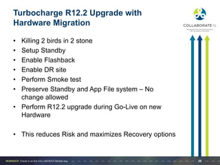 Turbocharge R12.2 Upgrade with
Hardware Migration
• Killing 2 birds in 2 stone
• Setup Standby
• Enable Flashback
• Enable DR site
• Perform Smoke test
• Preserve Standby and App File system – No
change allowed
• Perform R12.2 upgrade during Go-Live on new
Hardware
• This reduces Risk and maximizes Recovery options
26
 
