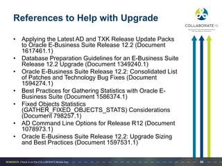 References to Help with Upgrade
• Applying the Latest AD and TXK Release Update Packs
to Oracle E-Business Suite Release 12.2 (Document
1617461.1)
• Database Preparation Guidelines for an E-Business Suite
Release 12.2 Upgrade (Document 1349240.1)
• Oracle E-Business Suite Release 12.2: Consolidated List
of Patches and Technology Bug Fixes (Document
1594274.1)
• Best Practices for Gathering Statistics with Oracle E-
Business Suite (Document 1586374.1)
• Fixed Objects Statistics
(GATHER_FIXED_OBJECTS_STATS) Considerations
(Document 798257.1)
• AD Command Line Options for Release R12 (Document
1078973.1)
• Oracle E-Business Suite Release 12.2: Upgrade Sizing
and Best Practices (Document 1597531.1)
54
 