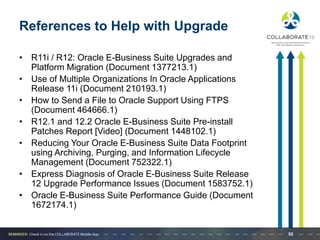 References to Help with Upgrade
• R11i / R12: Oracle E-Business Suite Upgrades and
Platform Migration (Document 1377213.1)
• Use of Multiple Organizations In Oracle Applications
Release 11i (Document 210193.1)
• How to Send a File to Oracle Support Using FTPS
(Document 464666.1)
• R12.1 and 12.2 Oracle E-Business Suite Pre-install
Patches Report [Video] (Document 1448102.1)
• Reducing Your Oracle E-Business Suite Data Footprint
using Archiving, Purging, and Information Lifecycle
Management (Document 752322.1)
• Express Diagnosis of Oracle E-Business Suite Release
12 Upgrade Performance Issues (Document 1583752.1)
• Oracle E-Business Suite Performance Guide (Document
1672174.1)
55
 