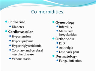 Co-morbidities
Endocrine
Diabetes
Cardiovascular
Hypertension
Hyperlipidemia
Hypertriglyceridemia
Coronary and cerebral
vascular disease
Venous stasis
Gynecology
Infertility
Menstrual
irregularities
Orthopedic
DJD
Arthralgia
Low back pain
Dermatology
Fungal infection
 