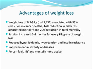 Advantages of weight loss
Weight loss of 0.5-9 kg (n=43,457) associated with 53%
reduction in cancer-deaths, 44% reduction in diabetes-
associated mortality and 20% reduction in total mortality
Survival increased 3-4 months for every kilogram of weight
loss
Reduced hyperlipidemia, hypertension and insulin resistance
Improvement in severity of diseases
Person feels ‘fit’ and mentally more active
 