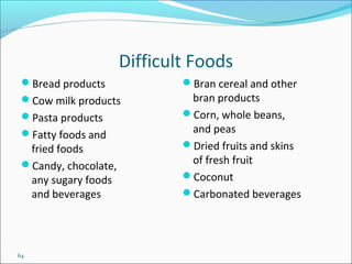 64
Difficult Foods
Bread products
Cow milk products
Pasta products
Fatty foods and
fried foods
Candy, chocolate,
any sugary foods
and beverages
Bran cereal and other
bran products
Corn, whole beans,
and peas
Dried fruits and skins
of fresh fruit
Coconut
Carbonated beverages
 