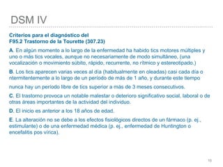 DSM IV
10
Criterios para el diagnóstico del
F95.2 Trastorno de la Tourette (307.23)
A. En algún momento a lo largo de la enfermedad ha habido tics motores múltiples y
uno o más tics vocales, aunque no necesariamente de modo simultáneo, (una
vocalización o movimiento súbito, rápido, recurrente, no rítmico y estereotipado.)
B. Los tics aparecen varias veces al día (habitualmente en oleadas) casi cada día o
ntermitentemente a lo largo de un período de más de 1 año, y durante este tiempo
nunca hay un período libre de tics superior a más de 3 meses consecutivos.
C. El trastorno provoca un notable malestar o deterioro significativo social, laboral o de
otras áreas importantes de la actividad del individuo.
D. El inicio es anterior a los 18 años de edad.
E. La alteración no se debe a los efectos fisiológicos directos de un fármaco (p. ej.,
estimulante) o de una enfermedad médica (p. ej., enfermedad de Huntington o
encefalitis pos vírica).
 