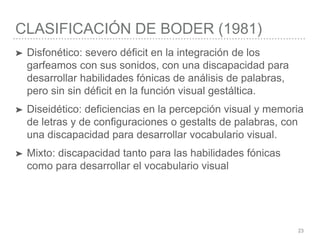 CLASIFICACIÓN DE BODER (1981)
23
➤ Disfonético: severo déficit en la integración de los
garfeamos con sus sonidos, con una discapacidad para
desarrollar habilidades fónicas de análisis de palabras,
pero sin sin déficit en la función visual gestáltica.
➤ Diseidético: deficiencias en la percepción visual y memoria
de letras y de configuraciones o gestalts de palabras, con
una discapacidad para desarrollar vocabulario visual.
➤ Mixto: discapacidad tanto para las habilidades fónicas
como para desarrollar el vocabulario visual
 