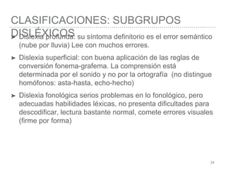 CLASIFICACIONES: SUBGRUPOS
DISLÉXICOS
24
➤ Dislexia profunda: su síntoma definitorio es el error semántico
(nube por lluvia) Lee con muchos errores.
➤ Dislexia superficial: con buena aplicación de las reglas de
conversión fonema-grafema. La comprensión está
determinada por el sonido y no por la ortografía (no distingue
homófonos: asta-hasta, echo-hecho)
➤ Dislexia fonológica serios problemas en lo fonológico, pero
adecuadas habilidades léxicas, no presenta dificultades para
descodificar, lectura bastante normal, comete errores visuales
(firme por forma)
 
