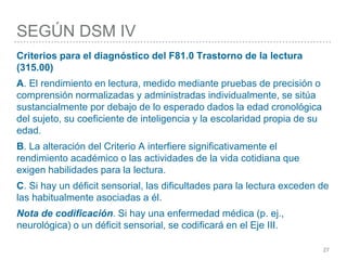 SEGÚN DSM IV
27
Criterios para el diagnóstico del F81.0 Trastorno de la lectura
(315.00)
A. El rendimiento en lectura, medido mediante pruebas de precisión o
comprensión normalizadas y administradas individualmente, se sitúa
sustancialmente por debajo de lo esperado dados la edad cronológica
del sujeto, su coeficiente de inteligencia y la escolaridad propia de su
edad.
B. La alteración del Criterio A interfiere significativamente el
rendimiento académico o las actividades de la vida cotidiana que
exigen habilidades para la lectura.
C. Si hay un déficit sensorial, las dificultades para la lectura exceden de
las habitualmente asociadas a él.
Nota de codificación. Si hay una enfermedad médica (p. ej.,
neurológica) o un déficit sensorial, se codificará en el Eje III.
 