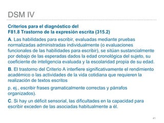 DSM IV
41
Criterios para el diagnóstico del
F81.8 Trastorno de la expresión escrita (315.2)
A. Las habilidades para escribir, evaluadas mediante pruebas
normalizadas administradas individualmente (o evaluaciones
funcionales de las habilidades para escribir), se sitúan sustancialmente
por debajo de las esperadas dados la edad cronológica del sujeto, su
coeficiente de inteligencia evaluada y la escolaridad propia de su edad.
B. El trastorno del Criterio A interfiere significativamente el rendimiento
académico o las actividades de la vida cotidiana que requieren la
realización de textos escritos
p. ej., escribir frases gramaticalmente correctas y párrafos
organizados).
C. Si hay un déficit sensorial, las dificultades en la capacidad para
escribir exceden de las asociadas habitualmente a él.
 