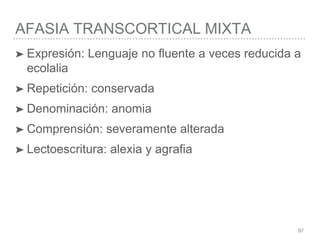 AFASIA TRANSCORTICAL MIXTA
57
➤ Expresión: Lenguaje no fluente a veces reducida a
ecolalia
➤ Repetición: conservada
➤ Denominación: anomia
➤ Comprensión: severamente alterada
➤ Lectoescritura: alexia y agrafia
 