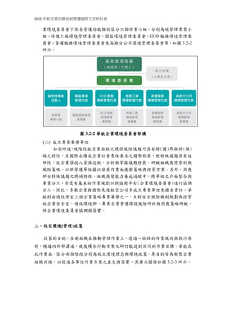 2015 年航空業因應氣候變遷國際交流研討會
業環境委員會下依各營運功能類別區分六個作業小組，分別為碳管理專案小
組、修護工廠環境管理委員會、園區環境管理委員會、ECO 服務環境管理委
員會、貨運服務環境管理委員會及高雄分公司環境管理委員會等，如圖 3.2-2
所示。
圖 3.2-2 華航企業環境委員會架構
(二) 成立專責幕僚單位
如前所述，現階段航空業面臨之環保風險議題乃具有跨(國)界與跨(領)
域之特性，且國際永續或企業社會責任要求之趨勢發展，使特殊議題具有延
伸性，故企業須投入資源追蹤、分析與掌握議題發展，研擬組織應變原則與
風險策略，以供營運單位據以發展作業面應對策略與控管方案。另外，因應
部分特殊議題之跨域特性，組織應變能力養成過程中，跨單位之介面整合與
專業分工，亦需有基本的作業規劃以供協商平台(企業環境委員會)進行協調
分工。因此，多數企業與國際先進航空公司多成立專責單位來擔負責任。華
航則由總經理室三個企業策略專責幕僚之一，主轄安全風險機制規劃與控管
的企業安全室，增設環境部，專責企業營運環境風險研析與因應策略研擬，
供企業環境委員會協調與落實。
二、設定環境(管理)政策
政策的目的，在使組織在推動管理作業上，透過一致性的作業風向與執行原
則，暢通內外部溝通，使後續各行動方案之研訂能達到共同的作業目標。華航在
此作業面，區分兩個階段，分別為設立環境理念與環境政策，其目的皆為凝聚企
業組織共識，以促進各單位作業方案之產生與落實，其層次關係如圖 3.2-3 所示。
 