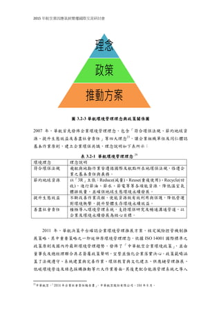 2015 年航空業因應氣候變遷國際交流研討會
圖 3.2-3 華航環境管理理念與政策關係圖
2007 年，華航首先發佈企業環境管理理念，包含「符合環保法規、節約地球資
源、提升生態效益及善盡社會責任」等四大理念23
，讓企業組織單位及同仁體認
基本作業原則，建立企業環保共識，理念說明如下表所示：
表 3.2-1 華航環境管理理念 29
環境理念 理念說明
符合環保法規 飛航與地勤作業皆遵循國際及航點所在地環保法規，恪遵企
業之基本責任與義務。
節約地球資源 以「3R」主張：Reduce(減量)、Reuse(重複使用)、Recycle(回
收)，進行節油、節水、節電等等各項能資源，降低溫室氣
體排放量，並確保地球生態環境永續發展。
提升生態效益 不斷改善作業流程，使能資源做有效利用與保護，降低營運
對環境衝擊，提升整體生存環境永續效益。
善盡社會責任 積極導入環境管理系統，支持環保研究及暢通溝通管道，以
企業及環境永續發展為核心目標。
2011 年，華航決策平台確認企業環境管理推展方案，核定風險控管機制推
展策略。其中重要策略之一即延伸原環境管理理念，依據 ISO 14001 國際標準之
政策原則及國內外最新環境管理趨勢，發佈了「中華航空企業環境政策」，並由
董事長及總經理聯合具名簽屬政策聲明，宣誓並強化企業落實決心。政策範疇涵
蓋了法規遵守、系統建置與完善作業、環保教育與文化建立、供應鏈管理推展、
低碳環境營造及綠色採購推動等六大作業層面。其後更配合能源管理系統之導入
23
中華航空，「2014 年企業社會責任報告書」，中華航空股份有限公司，104 年 6 月。
 