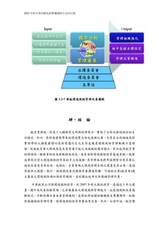2015 年航空業因應氣候變遷國際交流研討會
圖 3.2-7 華航環境風險管理改善邏輯
肆、結 論
航空業興起，促進了人類物質文明與經濟整合，實現了全球化與地球村的生
活模式。然而，其快速發展帶來的環境壓力卻也逐漸沉重，尤其在全球極端氣候
實證帶給人類嚴肅關切氣候變遷衍生之生存危機意識與風險管理動機日益增
強，促使航空業之跨域角色及其營運可能之洩漏風險獲得關注。然而也因航空業
的跨域、服務型態及移動排放等特性，使其面對環境風險控管處境更較一般製造
業等固定型態之環境風險控管來的多元及複雜，其管理及跨界協調整合需求要比
技術改善需求來的高。也因此，企業層級之環境管理系統之建置有其必要，透過
其提供之規劃、執行、檢視與改善流程與管審溝通架構，可協助企業(航空業)建
立基本之環境風險偵知與控管機制，並刻據此延伸至供應鏈管理作業。
中華航空公司對環境風險控管，從 2007 年前之點狀控管，透過近 3 年之建
置、運作及改善經驗累績，已具備基本之全觀性環境風險控管能力，也透過風險
改善邏輯模式，不斷持續改善本身管理機制，並開始將相關經驗擴展至集團夥
伴，啟動供應鏈風險管理作業，使環境風險控管考量面更臻完善。然而，如前所
 