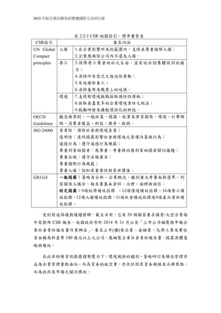 2015 年航空業因應氣候變遷國際交流研討會
表 2.2-1 CSR 相關指引、標準彙整表
CSR指引 要求內涵
UN Global
Compact
principles
人權 1.在企業影響所及的範圍內，支持並尊重國際人權；
2.企業應確保公司內不違反人權。
勞工 3.保障勞工集會結社之自由，並有效承認集體談判的權
力；
4.消弭所有型式之強迫性勞動；
5.有效廢除童工；
6.消弭雇用及職業上的岐視。
環境 7.支持對環境挑戰採取預防性惜施；
8.採取善盡更多的企業環境責任之做法；
9.鼓勵研發及擴散環保化的科技。
OECD
Guidelines
觀念與原則、一般政策、揭露、就業及勞資關係、環境、打擊賄
賂、消費者權益、科技、競爭、稅捐。
ISO 26000 當責性：須對社會與環境負責；
透明性：透明揭露影響社會與環境之營運決策與行為；
道德行為：遵守道德行為規範；
尊重利害相關者：應尊重、考量與回應利害相關者關切議題；
尊重法規：遵守法規要求；
尊重國際行為規範；
尊重人權：認知其重要性與普世價值。
GRI G4 一般揭露：策略及分析、企業概況、鑑別重大考量面與邊界、利
害關係人議合、報告書基本資料、治理、倫理與誠信。
特定揭露：9項經濟績效指標 、12項環境績效指標、16項勞工績
效指標、12項人權績效指標、11項社會績效指標及9項產品責任績
效指標。
受到前述倡議與議題發酵，截至目前，已有 50 個國家要求國營/大型企業每
年需發佈 CSR 報告。我國政府亦於 2014 年 11 月公告「上市公司編製與申報企
業社會責任報告書作業辦法」，要求上市(櫃)食品業、金融業、化學工業及實收
資本額為新臺幣 100 億元以上之公司，應編製企業社會責任報告書，揭露具體策
略與績效。
在此非財務資訊揭露趨勢壓力下，環境風險的鑑別、策略研訂及績效管理亦
成為企業管理重點面向。而高資本的航空業，亦往往因其資本規模及品牌焦點，
而為政府及市場之關注標的。
 