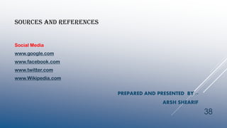 SOURCES AND REFERENCES
Social Media
www.google.com
www.facebook.com
www.twitter.com
www.Wikipedia.com
PREPARED AND PRESENTED BY :-
ARSH SHEARIF
38
 