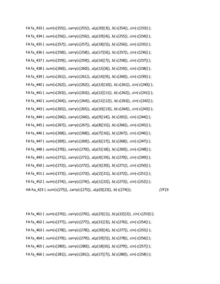 FA fa_433 ( .sum(s[255]),.carry(c[255]), .a(p[20][3]),.b( s[254]),.cin( c[233]) );
FA fa_434 ( .sum(s[256]),.carry(c[256]),.a(p[19][4]),.b( s[255]),.cin( c[234]) );
FA fa_435 ( .sum(s[257]),.carry(c[257]),.a(p[18][5]),.b( s[256]),.cin( c[235]) );
FA fa_436 ( .sum(s[258]),.carry(c[258]),.a(p[17][6]),.b( s[257]),.cin( c[236]) );
FA fa_437 ( .sum(s[259]),.carry(c[259]),.a(p[16][7]),.b( s[258]),.cin( c[237]) );
FA fa_438 ( .sum(s[260]),.carry(c[260]),.a(p[15][8]),.b( s[259]),.cin( c[238]) );
FA fa_439 ( .sum(s[261]),.carry(c[261]),.a(p[14][9]),.b( s[260]),.cin( c[239]) );
FA fa_440 ( .sum(s[262]),.carry(c[262]),.a(p[13][10]),.b( s[261]),.cin( c[240]) );
FA fa_441 ( .sum(s[263]),.carry(c[263]),.a(p[12][11]),.b( s[262]),.cin( c[241]) );
FA fa_442 ( .sum(s[264]),.carry(c[264]),.a(p[11][12]),.b( s[263]),.cin( c[242]) );
FA fa_443 ( .sum(s[265]),.carry(c[265]),.a(p[10][13]),.b( s[264]),.cin( c[243]) );
FA fa_444 ( .sum(s[266]),.carry(c[266]),.a(p[9][14]),.b( s[265]),.cin( c[244]) );
FA fa_445 ( .sum(s[267]),.carry(c[267]),.a(p[8][15]),.b( s[266]),.cin( c[245]) );
FA fa_446 ( .sum(s[268]),.carry(c[268]),.a(p[7][16]),.b( s[267]),.cin( c[246]) );
FA fa_447 ( .sum(s[269]),.carry(c[269]),.a(p[6][17]),.b( s[268]),.cin( c[247]) );
FA fa_448 ( .sum(s[270]),.carry(c[270]),.a(p[5][18]),.b( s[269]),.cin( c[248]) );
FA fa_449 ( .sum(s[271]),.carry(c[271]),.a(p[4][19]),.b( s[270]),.cin( c[249]) );
FA fa_450 ( .sum(s[272]),.carry(c[272]),.a(p[3][20]),.b( s[271]),.cin( c[250]) );
FA fa_451 ( .sum(s[273]), .carry(c[273]),.a(p[2][21]),.b( s[272]),.cin( c[251]) );
FA fa_452 ( .sum(s[274]),.carry(c[274]),.a(p[1][22]),.b( s[273]),.cin( c[252]) );
HA ha_423 ( .sum(s[275]),.carry(c[275]),.a(p[0][23]),.b( s[274])); //P23
FA fa_461 ( .sum(s[276]),.carry(c[276]),.a(p[23][1]),.b( p[22][2]),.cin( c[253]) );
FA fa_462 ( .sum(s[277]),.carry(c[277]),.a(p[21][3]),.b( s[276]),.cin( c[254]) );
FA fa_463 ( .sum(s[278]),.carry(c[278]),.a(p[20][4]),.b( s[277]),.cin( c[255]) );
FA fa_464 ( .sum(s[279]),.carry(c[279]),.a(p[19][5]),.b( s[278]),.cin( c[256]) );
FA fa_465 ( .sum(s[280]),.carry(c[280]),.a(p[18][6]),.b( s[279]),.cin( c[257]) );
FA fa_466 ( .sum(s[281]),.carry(c[281]),.a(p[17][7]),.b( s[280]),.cin( c[258]) );
 