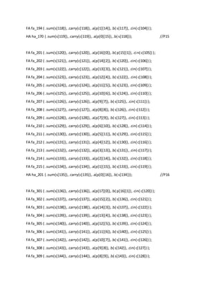 FA fa_194 ( .sum(s[118]),.carry(c[118]),.a(p[1][14]),.b( s[117]),.cin( c[104]) );
HA ha_170 ( .sum(s[119]),.carry(c[119]),.a(p[0][15]),.b( s[118])); //P15
FA fa_201 ( .sum(s[120]),.carry(c[120]),.a(p[16][0]),.b( p[15][1]),.cin( c[105]) );
FA fa_202 ( .sum(s[121]),.carry(c[121]),.a(p[14][2]),.b( s[120]),.cin( c[106]) );
FA fa_203 ( .sum(s[122]),.carry(c[122]),.a(p[13][3]),.b( s[121]),.cin( c[107]) );
FA fa_204 ( .sum(s[123]),.carry(c[123]),.a(p[12][4]),.b( s[122]),.cin( c[108]) );
FA fa_205 ( .sum(s[124]),.carry(c[124]),.a(p[11][5]),.b( s[123]),.cin( c[109]) );
FA fa_206 ( .sum(s[125]),.carry(c[125]),.a(p[10][6]),.b( s[124]),.cin( c[110]) );
FA fa_207 ( .sum(s[126]),.carry(c[126]),.a(p[9][7]),.b( s[125]), .cin( c[111]) );
FA fa_208 ( .sum(s[127]),.carry(c[127]),.a(p[8][8]),.b( s[126]),.cin( c[112]) );
FA fa_209 ( .sum(s[128]),.carry(c[128]),.a(p[7][9]),.b( s[127]),.cin( c[113]) );
FA fa_210 ( .sum(s[129]),.carry(c[129]),.a(p[6][10]),.b( s[128]), .cin( c[114]) );
FA fa_211 ( .sum(s[130]),.carry(c[130]),.a(p[5][11]),.b( s[129]),.cin( c[115]) );
FA fa_212 ( .sum(s[131]),.carry(c[131]),.a(p[4][12]),.b( s[130]),.cin( c[116]) );
FA fa_213 ( .sum(s[132]),.carry(c[132]),.a(p[3][13]),.b( s[131]),.cin( c[117]) );
FA fa_214 ( .sum(s[133]),.carry(c[133]),.a(p[2][14]),.b( s[132]),.cin( c[118]) );
FA fa_215 ( .sum(s[134]),.carry(c[134]),.a(p[1][15]),.b( s[133]),.cin( c[119]) );
HA ha_201 ( .sum(s[135]),.carry(c[135]),.a(p[0][16]),.b( s[134])); //P16
FA fa_301 ( .sum(s[136]),.carry(c[136]),.a(p[17][0]),.b( p[16][1]),.cin( c[120]) );
FA fa_302 ( .sum(s[137]),.carry(c[137]),.a(p[15][2]),.b( s[136]),.cin( c[121]) );
FA fa_303 ( .sum(s[138]),.carry(c[138]),.a(p[14][3]),.b( s[137]),.cin( c[122]) );
FA fa_304 ( .sum(s[139]),.carry(c[139]),.a(p[13][4]),.b( s[138]),.cin( c[123]) );
FA fa_305 ( .sum(s[140]),.carry(c[140]),.a(p[12][5]),.b( s[139]),.cin( c[124]) );
FA fa_306 ( .sum(s[141]),.carry(c[141]),.a(p[11][6]),.b( s[140]),.cin( c[125]) );
FA fa_307 ( .sum(s[142]),.carry(c[142]),.a(p[10][7]),.b( s[141]),.cin( c[126]) );
FA fa_308 ( .sum(s[143]),.carry(c[143]),.a(p[9][8]),.b( s[142]),.cin( c[127]) );
FA fa_309 ( .sum(s[144]),.carry(c[144]),.a(p[8][9]),.b( s[143]),.cin( c[128]) );
 