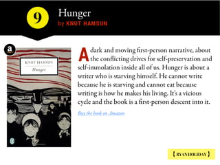 Hunger 
by KNUT HAMSUN9
{ RYAN HOLIDAY }
dark and moving first-person narrative, about
the conflicting drives for self-pre...