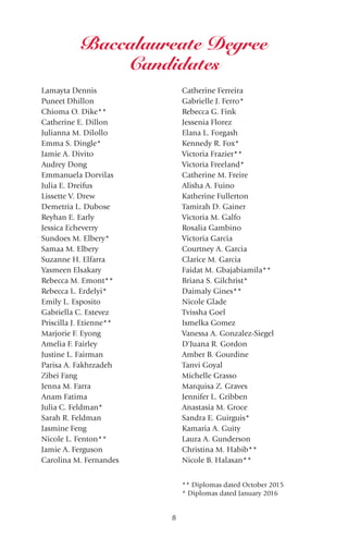 8
Lamayta Dennis
Puneet Dhillon
Chioma O. Dike**
Catherine E. Dillon
Julianna M. Dilollo
Emma S. Dingle*
Jamie A. Divito
Audrey Dong
Emmanuela Dorvilas
Julia E. Dreifus
Lissette V. Drew
Demetria L. Dubose
Reyhan E. Early
Jessica Echeverry
Sundoes M. Elbery*
Samaa M. Elbery
Suzanne H. Elfarra
Yasmeen Elsakary
Rebecca M. Emont**
Rebecca L. Erdelyi*
Emily L. Esposito
Gabriella C. Estevez
Priscilla J. Etienne**
Marjorie F. Eyong
Amelia F. Fairley
Justine L. Fairman
Parisa A. Fakhrzadeh
Zibei Fang
Jenna M. Farra
Anam Fatima
Julia C. Feldman*
Sarah R. Feldman
Jasmine Feng
Nicole L. Fenton**
Jamie A. Ferguson
Carolina M. Fernandes
Catherine Ferreira
Gabrielle J. Ferro*
Rebecca G. Fink
Jessenia Florez
Elana L. Forgash
Kennedy R. Fox*
Victoria Frazier**
Victoria Freeland*
Catherine M. Freire
Alisha A. Fuino
Katherine Fullerton
Tamirah D. Gainer
Victoria M. Galfo
Rosalia Gambino
Victoria Garcia
Courtney A. Garcia
Clarice M. Garcia
Faidat M. Gbajabiamila**
Briana S. Gilchrist*
Daimaly Gines**
Nicole Glade
Tvissha Goel
Ismelka Gomez
Vanessa A. Gonzalez-Siegel
D'Juana R. Gordon
Amber B. Gourdine
Tanvi Goyal
Michelle Grasso
Marquisa Z. Graves
Jennifer L. Gribben
Anastasia M. Groce
Sandra E. Guirguis*
Kamaria A. Guity
Laura A. Gunderson
Christina M. Habib**
Nicole B. Halasan**
** Diplomas dated October 2015
* Diplomas dated January 2016
Baccalaureate Degree
Candidates
 