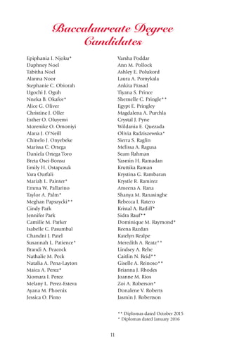 11
Epiphania I. Njoku*
Daphney Noel
Tabitha Noel
Alanna Noor
Stephanie C. Obiorah
Ugochi J. Oguh
Nneka B. Okafor*
Alice G. Oliver
Christine J. Oller
Esther O. Oluyemi
Morenike O. Omoniyi
Alana J. O'Neill
Chinelo J. Onyebeke
Marissa C. Ortega
Daniela Ortega Toro
Breta Osei-Bonsu
Emily H. Ostapczuk
Yara Ourfali
Mariah L. Painter*
Emma W. Pallarino
Taylor A. Palm*
Meghan Papszycki**
Cindy Park
Jennifer Park
Camille M. Parker
Isabelle C. Pasumbal
Chandni J. Patel
Susannah L. Patience*
Brandi A. Peacock
Nathalie M. Peck
Natalia A. Pena-Layton
Maica A. Perez*
Xiomara I. Perez
Melany L. Perez-Esteva
Ayana M. Phoenix
Jessica O. Pinto
Varsha Poddar
Ann M. Pollock
Ashley E. Polukord
Laura A. Pomykala
Ankita Prasad
Tiyana S. Prince
Shernelle C. Pringle**
Egypt E. Pringley
Magdalena A. Purchla
Crystal J. Pyne
Wildania E. Quezada
Olivia Radziszewska*
Sierra S. Raglin
Melissa A. Ragusa
Seam Rahman
Yasmin H. Ramadan
Kruttika Raman
Krystina G. Rambaran
Krystle R. Ramirez
Ameena A. Rana
Shanya M. Ranasinghe
Rebecca I. Ratero
Kristal A. Ratliff*
Sidra Rauf**
Dominique M. Raymond*
Reena Razdan
Katelyn Realpe
Meredith A. Reatz**
Lindsey A. Rehe
Caitlin N. Reid**
Giselle A. Reinoso**
Brianna J. Rhodes
Joanne M. Rios
Zoi A. Roberson*
Donalene V. Roberts
Jasmin J. Robertson
** Diplomas dated October 2015
* Diplomas dated January 2016
Baccalaureate Degree
Candidates
 