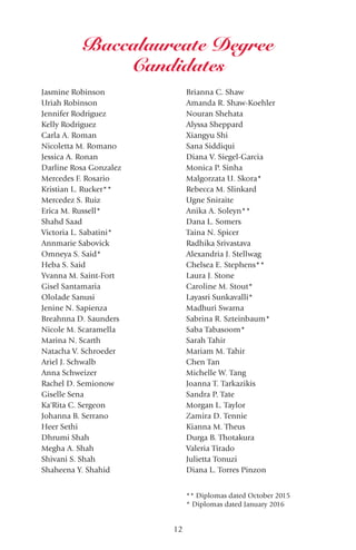 12
Jasmine Robinson
Uriah Robinson
Jennifer Rodriguez
Kelly Rodriguez
Carla A. Roman
Nicoletta M. Romano
Jessica A. Ronan
Darline Rosa Gonzalez
Mercedes F. Rosario
Kristian L. Rucker**
Mercedez S. Ruiz
Erica M. Russell*
Shahd Saad
Victoria L. Sabatini*
Annmarie Sabovick
Omneya S. Said*
Heba S. Said
Yvanna M. Saint-Fort
Gisel Santamaria
Ololade Sanusi
Jenine N. Sapienza
Breahnna D. Saunders
Nicole M. Scaramella
Marina N. Scarth
Natacha V. Schroeder
Ariel J. Schwalb
Anna Schweizer
Rachel D. Semionow
Giselle Sena
Ka'Rita C. Sergeon
Johanna B. Serrano
Heer Sethi
Dhrumi Shah
Megha A. Shah
Shivani S. Shah
Shaheena Y. Shahid
Brianna C. Shaw
Amanda R. Shaw-Koehler
Nouran Shehata
Alyssa Sheppard
Xiangyu Shi
Sana Siddiqui
Diana V. Siegel-Garcia
Monica P. Sinha
Malgorzata U. Skora*
Rebecca M. Slinkard
Ugne Sniraite
Anika A. Soleyn**
Dana L. Somers
Taina N. Spicer
Radhika Srivastava
Alexandria J. Stellwag
Chelsea E. Stephens**
Laura J. Stone
Caroline M. Stout*
Layasri Sunkavalli*
Madhuri Swarna
Sabrina R. Szteinbaum*
Saba Tabasoom*
Sarah Tahir
Mariam M. Tahir
Chen Tan
Michelle W. Tang
Joanna T. Tarkazikis
Sandra P. Tate
Morgan L. Taylor
Zamira D. Tennie
Kianna M. Theus
Durga B. Thotakura
Valeria Tirado
Julietta Tonuzi
Diana L. Torres Pinzon
** Diplomas dated October 2015
* Diplomas dated January 2016
Baccalaureate Degree
Candidates
 