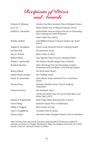 16
Ghanwa N. Khawaja	 Marjorie Frew Knox Memorial Prize in Biological Science
An N. Le	 Phyllis Dunbar Prize in Physical Chemistry (2015)
Maribel G. Macalintal	 Jeanne Reimer Mancusi-Ungaro Prize for an Outstanding
Senior Entering the Health Professions
	 Dawn Odum Prize (2015)
Srividya Malladi	 Gail Pihlblad Wittman Commuter Student Life Award
(2015)
Angela M. Monaghan	 Frances Lundy Memorial Prize for a Bunting Student
Na-Yeon Park	 The Inspiration Award
Ann M. Pollock	 Ruth Crockett Art Prize
Bertha Pollard	 Irene Figarotta Pearse Prize for a Bunting Student
Wanda L. Quintanilla	 The Professor Micaela Misiego Prize in Spanish
Krystle R. Ramirez	 Helen Weissberger Prize for Outstanding Academic
Achievement and Contribution to the Bunting Program
Rebecca Ratero	 The Social Justice Award
Darline Rosa Gonzalez	 The Challenge Award
Nicole M. Scaramella	 Sylvia Blacher Karger Memorial Prize in Nutritional
Science
Monica Torres	 Veronique Henriksen Junior Prize for Academic
Achievement
Meryem Uzumcu	 The Innovation Award
	 Charles and Shirley Weiss Prize for the Best Paper on an
Urban Topic (2015)
Maxine R. Wagenhoffer	 Helen Prager Miller Memorial Prize in History
Yuwen Wang	 Katherine Hazard Prize in Mathematics
Tiffany A. Wiggins	 Ruth Crockett Art Prize
Tiara T. Youngblood	 Cornelison Prize in Classics
Tatiana Zamis	 New Jersey Daily Newspaper Women’s Prize in Journalism
Many of these prizes and awards have been made possible by the generous support of
alumnae and donors to Douglass Residential College, the Douglass Fund Trust, the AADC,
and the Center for American Women in Politics.
Recipients of Prizes
and Awards
 
