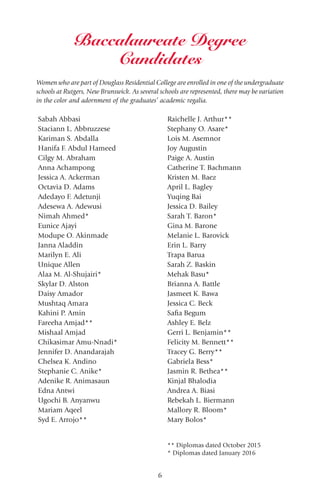 6
Sabah Abbasi
Staciann L. Abbruzzese
Kariman S. Abdalla
Hanifa F. Abdul Hameed
Cilgy M. Abraham
Anna Achampong
Jessica A. Ackerman
Octavia D. Adams
Adedayo F. Adetunji
Adesewa A. Adewusi
Nimah Ahmed*
Eunice Ajayi
Modupe O. Akinmade
Janna Aladdin
Marilyn E. Ali
Unique Allen
Alaa M. Al-Shujairi*
Skylar D. Alston
Daisy Amador
Mushtaq Amara
Kahini P. Amin
Fareeha Amjad**
Mishaal Amjad
Chikasimar Amu-Nnadi*
Jennifer D. Anandarajah
Chelsea K. Andino
Stephanie C. Anike*
Adenike R. Animasaun
Edna Antwi
Ugochi B. Anyanwu
Mariam Aqeel
Syd E. Arrojo**
Women who are part of Douglass Residential College are enrolled in one of the undergraduate
schools at Rutgers, New Brunswick. As several schools are represented, there may be variation
in the color and adornment of the graduates’ academic regalia.
Raichelle J. Arthur**
Stephany O. Asare*
Lois M. Asemnor
Joy Augustin
Paige A. Austin
Catherine T. Bachmann
Kristen M. Baez
April L. Bagley
Yuqing Bai
Jessica D. Bailey
Sarah T. Baron*
Gina M. Barone
Melanie L. Barovick
Erin L. Barry
Trapa Barua
Sarah Z. Baskin
Mehak Basu*
Brianna A. Battle
Jasmeet K. Bawa
Jessica C. Beck
Safia Begum
Ashley E. Belz
Gerri L. Benjamin**
Felicity M. Bennett**
Tracey G. Berry**
Gabriela Bess*
Jasmin R. Bethea**
Kinjal Bhalodia
Andrea A. Biasi
Rebekah L. Biermann
Mallory R. Bloom*
Mary Bolos*
** Diplomas dated October 2015
* Diplomas dated January 2016
Baccalaureate Degree
Candidates
 
