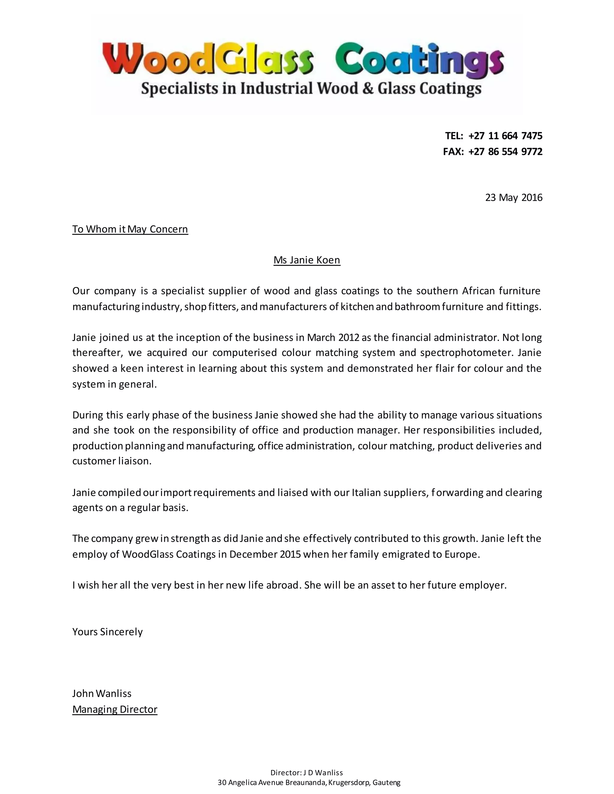 J Koen - Letter of Introduction WG Coatings | PDF