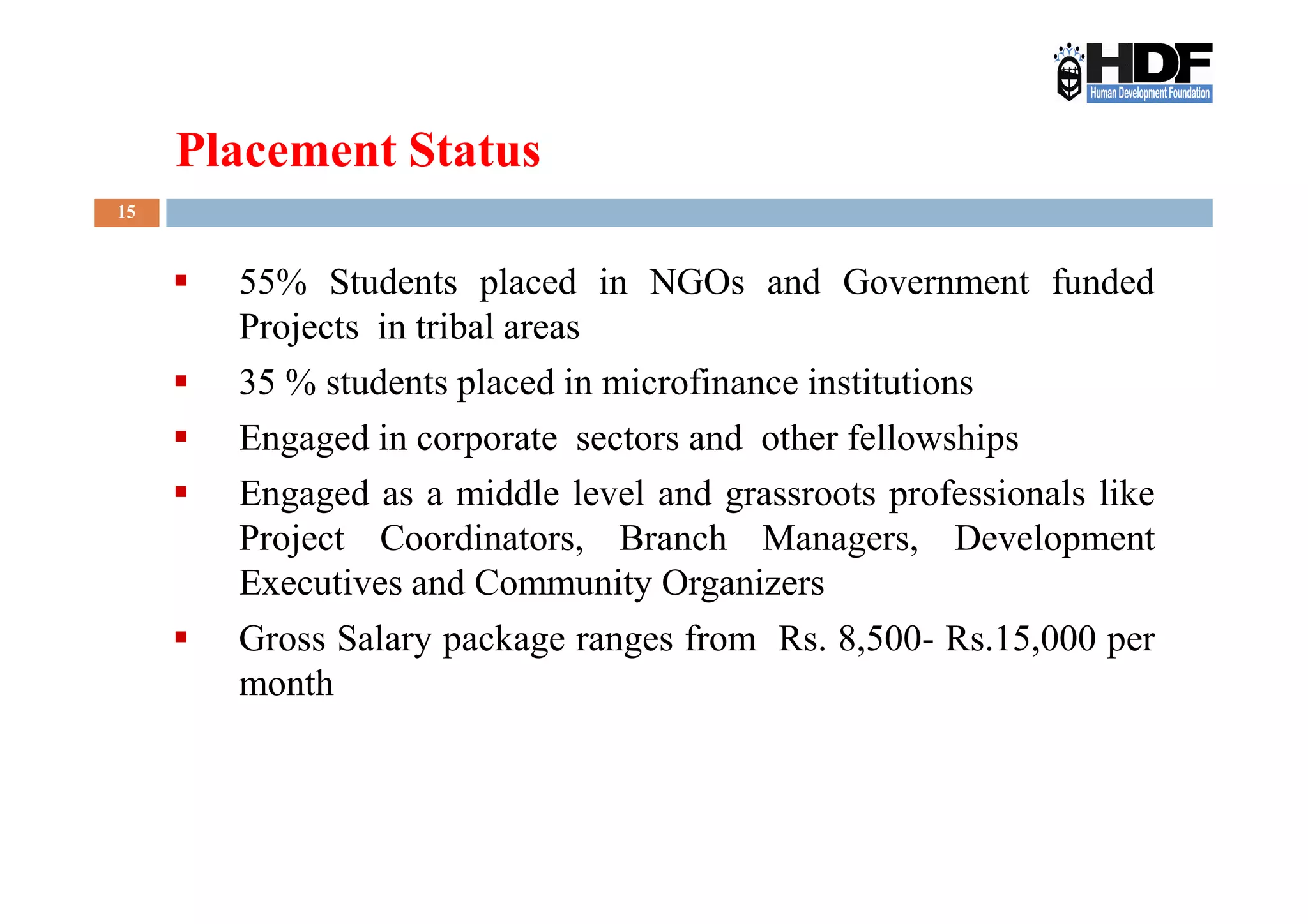 Placement Status
15
55% Students placed in NGOs and Government funded
Projects in tribal areas
35 % students placed in microfinance institutions
Engaged in corporate sectors and other fellowships
Engaged as a middle level and grassroots professionals like
Project Coordinators, Branch Managers, Development
Executives and Community Organizers
Gross Salary package ranges from Rs. 8,500- Rs.15,000 per
month
 