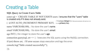 Creating a Table
SQL Query to Create Users Table
const sql = `CREATE TABLE IF NOT EXISTS users //ensures that the "users" table
is created only if it does not already exist.
( id INT AUTO_INCREMENT PRIMARY KEY,
name VARCHAR(100), //to store the user’s name.
email VARCHAR(100), //to store the user’s email.
age INT)`;//An integer to store the user’s age.
connection.query(sql, err => { //executes the SQL query using the MySQL connection.
if (err) throw err; //If error occurs stops execution and logs the error.
console.log("Table created successfully!");
});
// A unique integer (INT) that auto-increments with each new row.
It is the primary key.
 